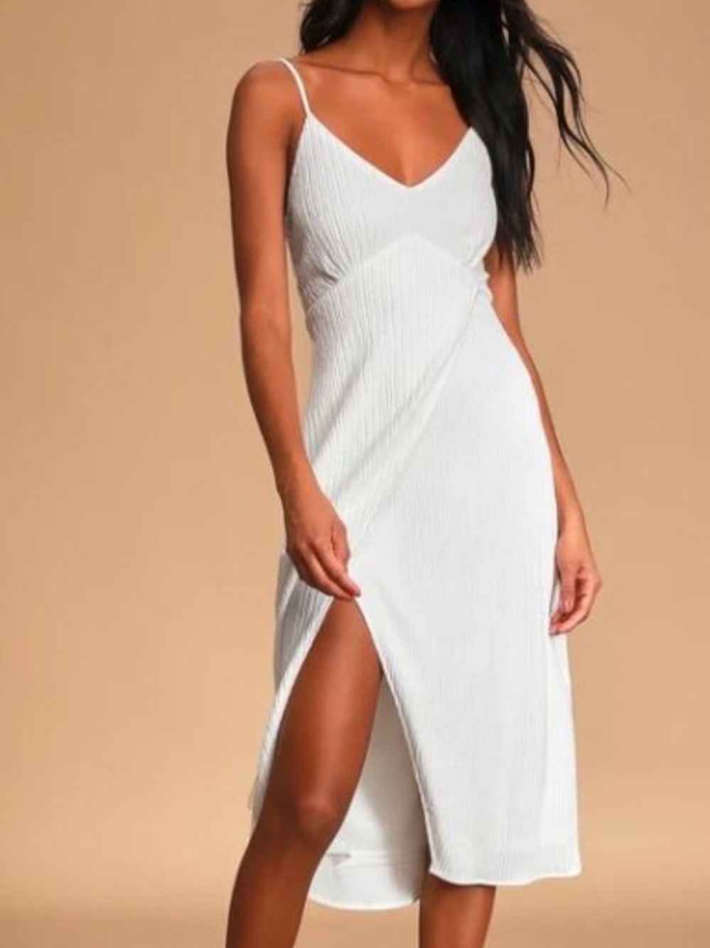 Lulu's White Ribbed V-Neck Spaghetti Strap Midi Dress with Side Slit